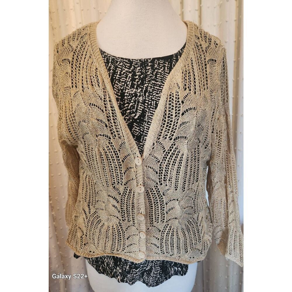 Vandana sparkly gold crocheted dressy button up sweater cardigan shrug